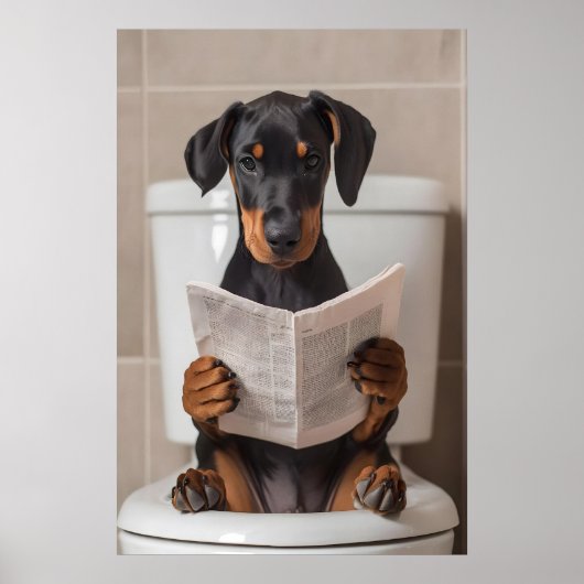 Grappige Dobermann-badkamerprint, Krant lezen Poster (Voorkant)