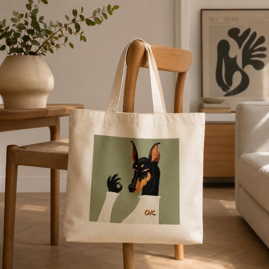Grappige Dobermann-hond die OK-handgebaar Meme maa Tote Bag
