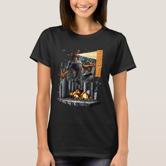 Grappige Dobermann hond Kaiju Monster Japans T-shirt (Voorkant)