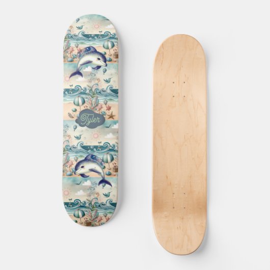 Grappige Dolfijn Boho Ocean Waves Strand Tropisch Persoonlijk Skateboard (Voorkant)