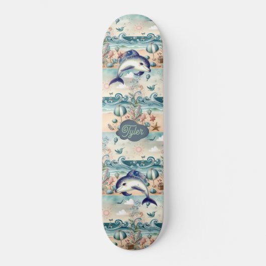 Grappige Dolfijn Boho Ocean Waves Strand Tropisch Persoonlijk Skateboard (Voorkant)