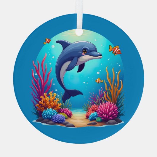 Grappige dolfijn in het levendige koraalrif glas ornament (Achterkant)