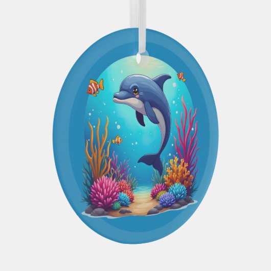 Grappige dolfijn in het levendige koraalrif glas ornament (Voorkant Rechts)
