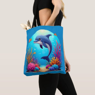 Grappige dolfijn in het levendige koraalrif tote bag