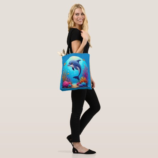 Grappige dolfijn in het levendige koraalrif tote bag (Op model)