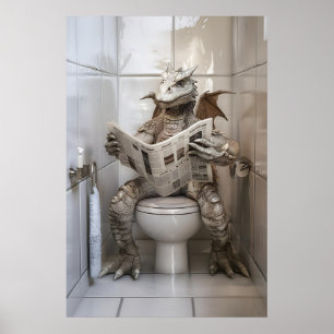 Grappige Draak op Toiletprint Krant Lezen Poster