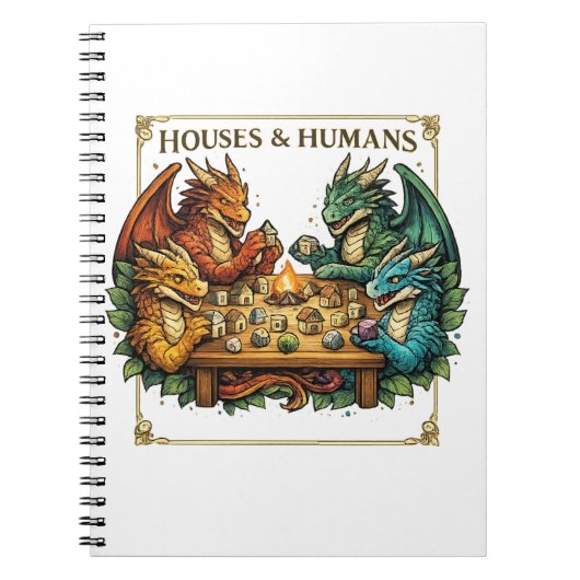 Grappige Drakenhuizen en Mensen Fantasy Kunst Notitieboek (Voorkant)