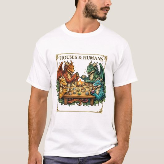 Grappige Drakenhuizen en Mensen Fantasy Kunst T-shirt (Voorkant)