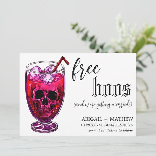 Grappige drank gratis foto's Halloween bruiloft Save The Date (Staand voorkant)