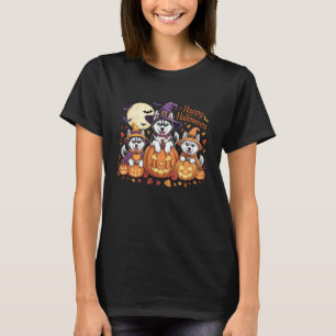 Grappige Drie Siberische Husky Honden Pompoen Vrou T-shirt