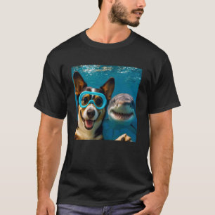 Grappige driekleurige Corgi-hond selfie met haaien T-shirt
