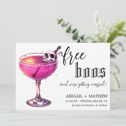 Grappige Drink Gratis Boos Foto Halloween Bruiloft Save The Date (Staand voorkant)