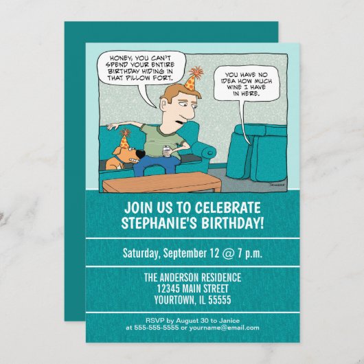 Grappige Drink wijn in Pillow Fort verjaardagsfees Kaart (Voorkant / Achterkant)