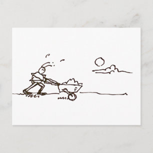 Grappige drukke cartoon mier die kruiwagen duwt briefkaart