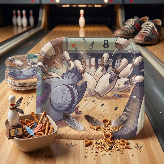 Grappige Duif Bowling Strike Cartoon Kunst Papieren Bordje