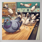 Grappige Duif Bowling Strike Cartoon Kunst Poster (Voorkant)
