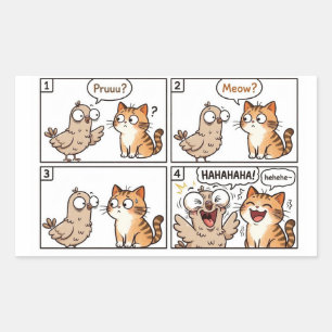 Grappige Duif Kat Pruuu Miauw Strip 4 Paneel Rechthoekige Sticker