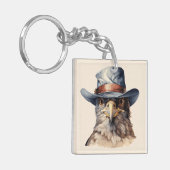 Grappige duif met cowboyhoed, aquarel sleutelhanger (Voorkant Links)
