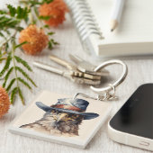 Grappige duif met cowboyhoed, aquarel sleutelhanger (Voorkant Rechts)