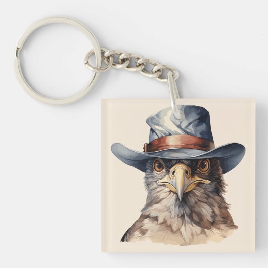 Grappige duif met cowboyhoed, aquarel sleutelhanger (Voorkant)