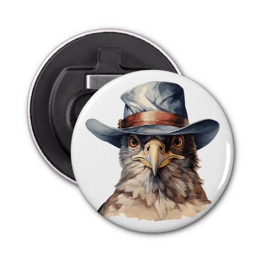 Grappige duif met een cowboy pet, waterverf button flesopener (Voorkant)