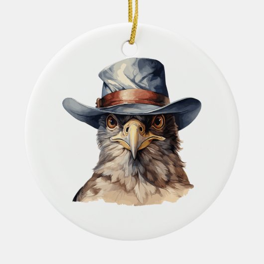 Grappige duif met een cowboy pet, waterverf keramisch ornament (Voorkant)