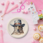 Grappige duif met een cowboy pet, waterverf papieren bordje (Feest)