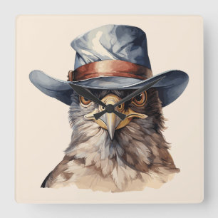 Grappige duif met een cowboy pet, waterverf vierkante klok