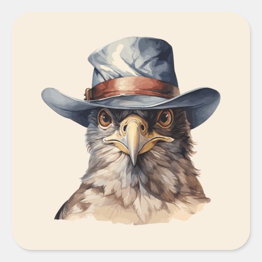 Grappige duif met een cowboy pet, waterverf vierkante sticker (Voorkant)