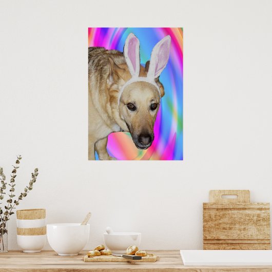 Grappige Duitse Herder Hond & Paashaas Ooren Poster (Keuken)