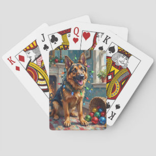 Grappige Duitse herder verward in kerstverlichting Pokerkaarten