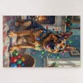 Grappige Duitse Herdershond in Kerstverlichting Ve Legpuzzel (Horizontaal)