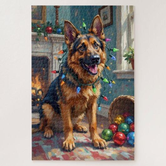 Grappige Duitse Herdershond in Kerstverlichting Ve Legpuzzel (Verticaal)