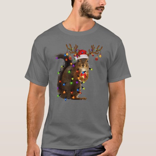 Grappige Eekhoorn Kerstmis Rendier Kerstlichten vr T-shirt (Voorkant)