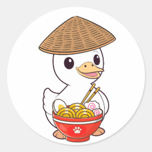 Grappige eend eet noedels ronde sticker