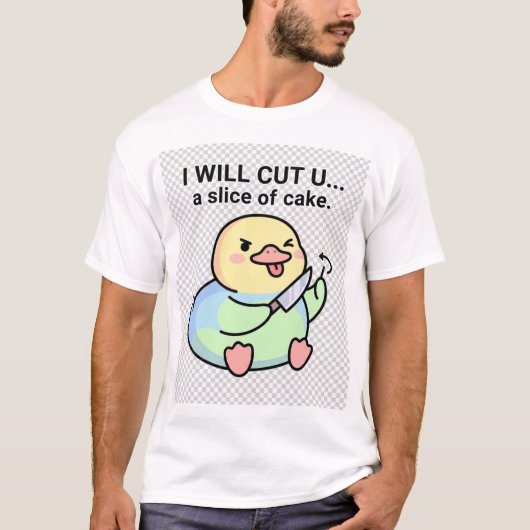 Grappige Eend met Mes Cake Woordgrap T-shirt (Voorkant)