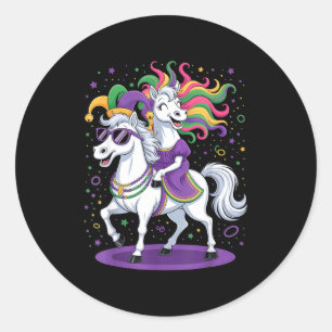 Grappige Eenhoorn die op een Paard Rijdt, Nar Hoed Ronde Sticker