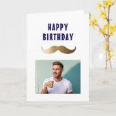 Grappige eenvoudige snor Happy Birthday Foto Kaart (Gele Bloem)