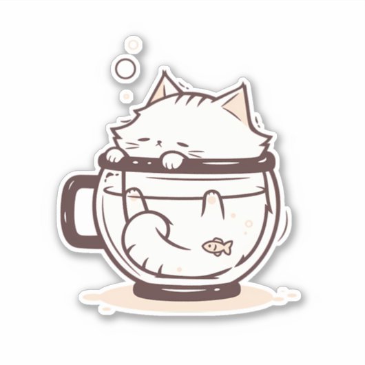 Grappige eenvoudige witte kat in een kopje sticker (Voorkant)