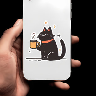 Grappige eenvoudige zwarte kat met koffiekopje sticker