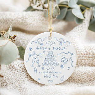 Grappige eerste kerst getrouwd handgetekende doodl keramisch ornament