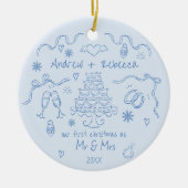 Grappige eerste kerst getrouwd handgetekende doodl keramisch ornament (Voorkant)