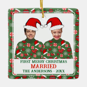 Grappige eerste vrolijke kerst getrouwd lelijke tr keramisch ornament