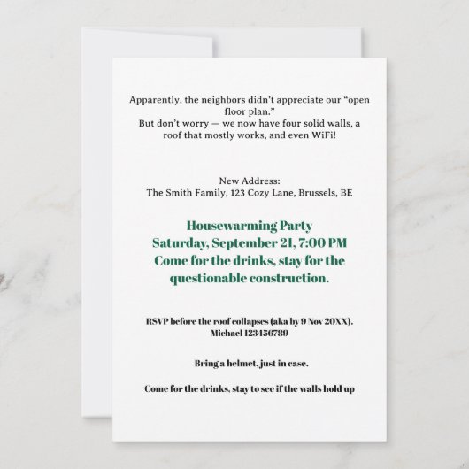 Grappige eigenzinnige housewarming party uitnodigi kaart (Achterkant)