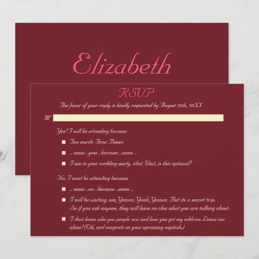 Grappige Elegante Persoonlijke Trouw RSVP Uitnodig Kaart (Voorkant / Achterkant)