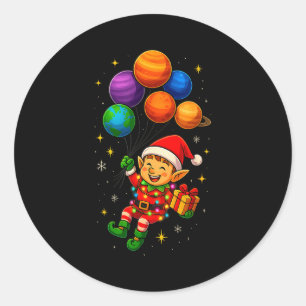 Grappige Elf Astronaut Met Planeten Kerst Pjs Voor Ronde Sticker