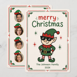 Grappige Elf Familie Kerst Foto Feestdagenkaart
