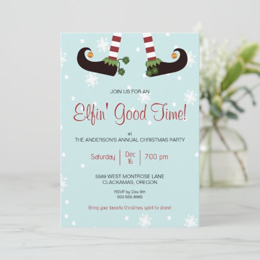Grappige Elf Kerst Party uitnodiging (Staand voorkant)