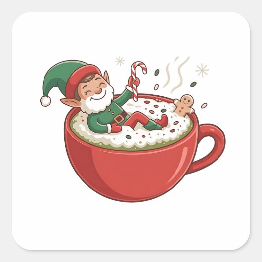 Grappige Elf neemt Bathub op Matcha Drink Vierkante Sticker (Voorkant)