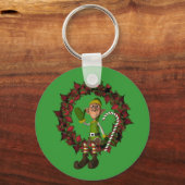 Grappige Elf op Krans Kerstvakantie Sleutelhanger (Voorkant)
